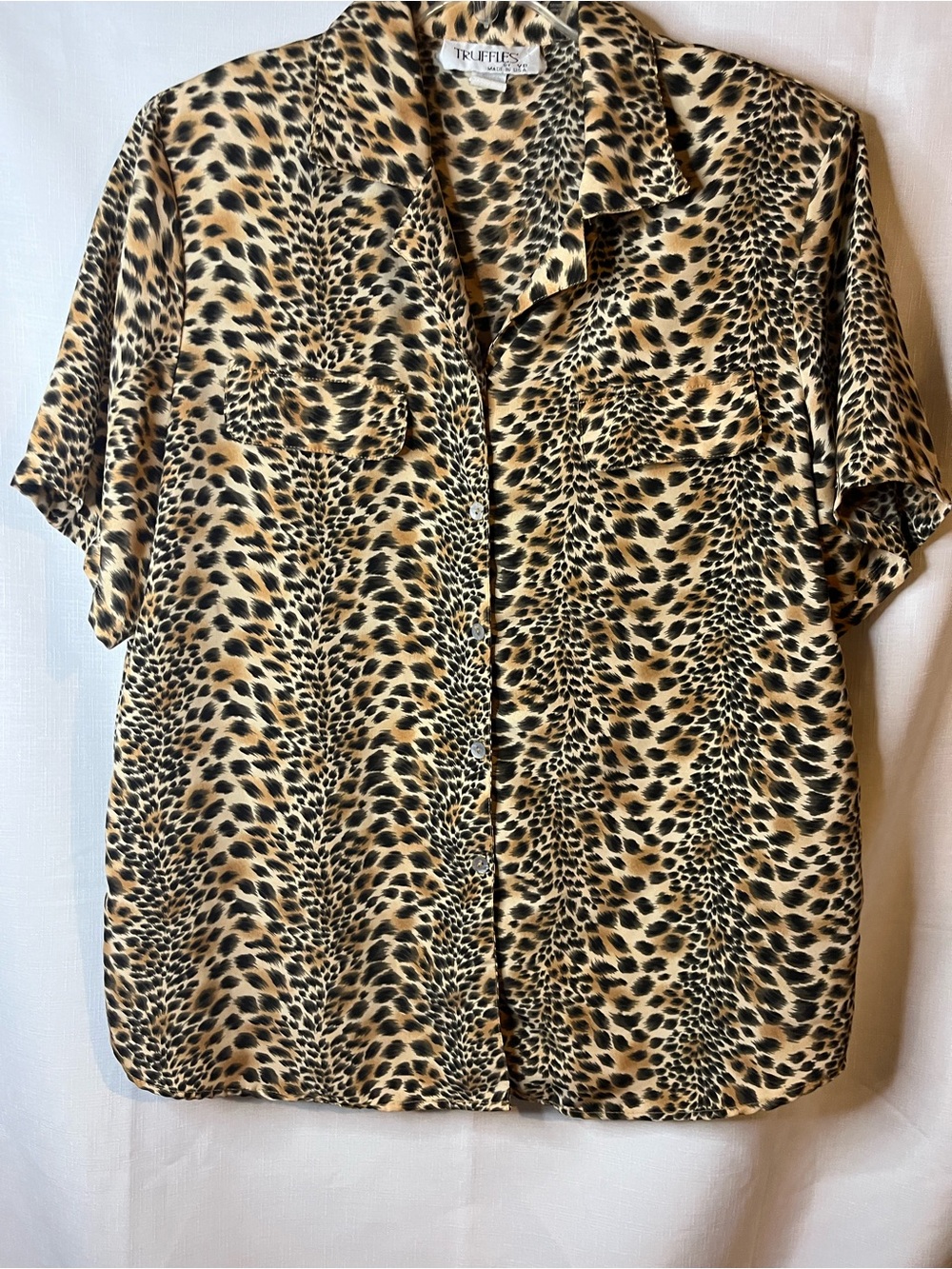 Leopard Print Short-Sleeve Shirt in Beige/Black with shoulder pads